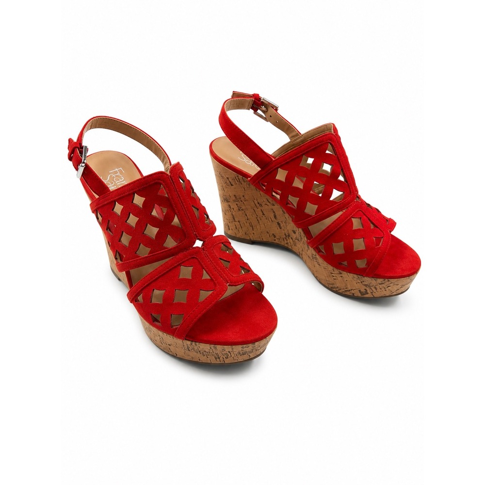 Franco Sarto Vintage Red Laser Cut Suede Cork Wedge Sandals Women's Size 9M